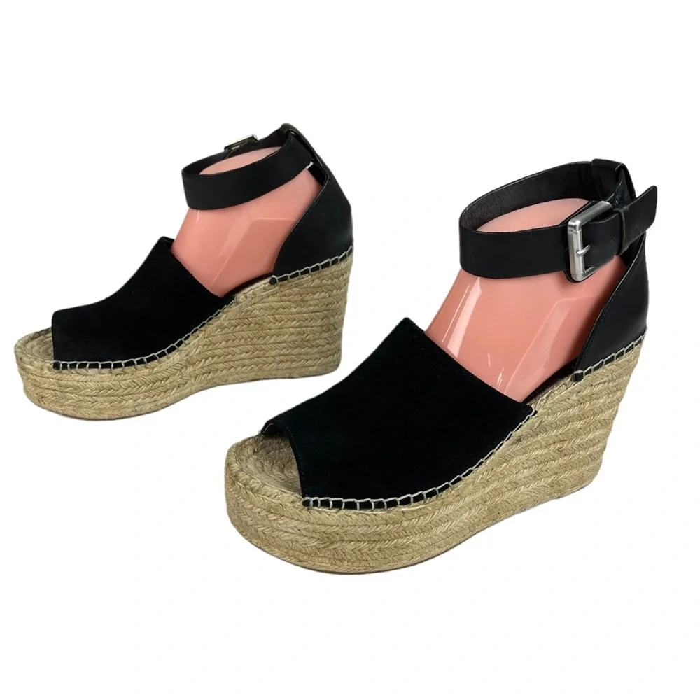 Marc Fisher Adalyn Black Suede Espadrille Platform Wedge Sandals‎ Size 10